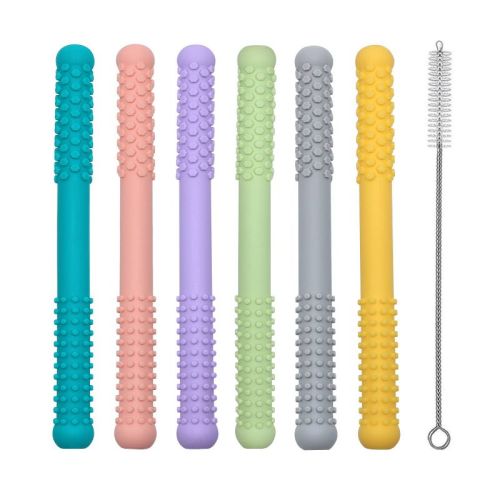Silicone Baby Teething Tubes 5 Pack for Infants, Hollow Chew Straw Teethers for Babies 6–12 Months,