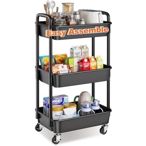 3 Tier Rolling Cart with Wheels, Black Plastic Three Tiered Shelf Organizer Carts on Lockable Wheels, Small Utility Storage Trolley for Diaper Caddy, Snack, Art, Cleaning Supplies, Kitchen, Bathroom