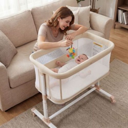 TODECARE Baby Bassinet Bedside Sleeper, 2 in 1 Bedside Sleeper with Wheels, All-Sided Mesh Infant Travel Crib for Toddlers, Beige