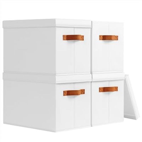Homsorout Storage Bins with Lids - Fabric Storage Baskets for Shelves, 4 Pack Foldable Decorative Boxes with Handles, Stackable Organizer Bins for Home, Nursery, Dorm, White