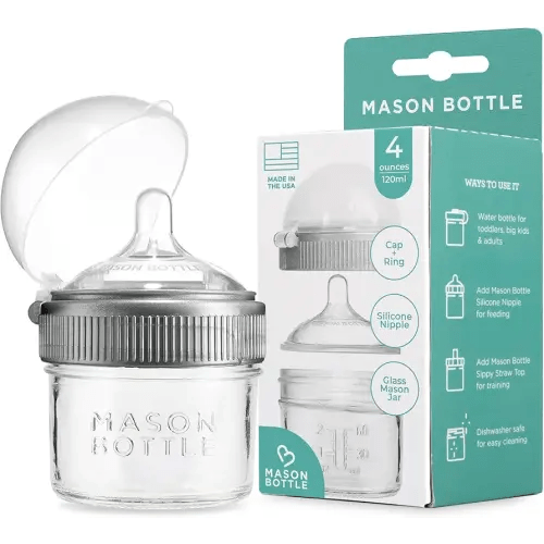 Mason Bottle 4oz Baby Glass Bottle with Breast Like Slow Flow Nipple, Cap+Ring - BPA Free, Non Toxic, Anti Colic Baby Bottle, Glass Feeding Bottle for Babies