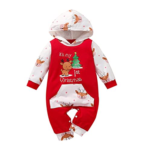 Noubeau My First Christmas Baby Girl Boy Outfit Car Truck Long Sleeve Pocket Hooded Romper Jumpsuit Xmas One Piece Clothes