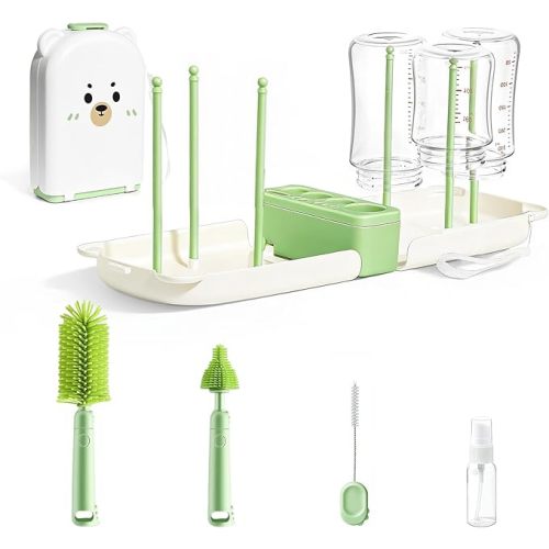 Travel Baby Bottle Cleaner Kit, 7-in-1 Baby Bottle Brush Set with Case for Breast Pump Parts, Bottle Washing Kit - Baby Travel Essential for Flying & On-The-Go (Green)