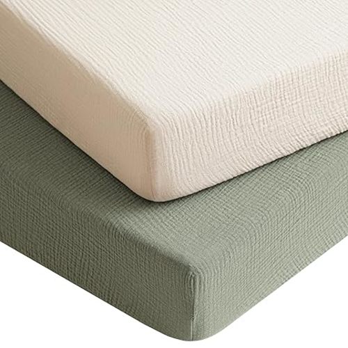 Konssy Muslin Crib Sheets for Boys, Soft Cotton Neutral Baby Sheets for Standard Crib Mattress 2 Pack, 52"x28" (Fog Green,Cream)