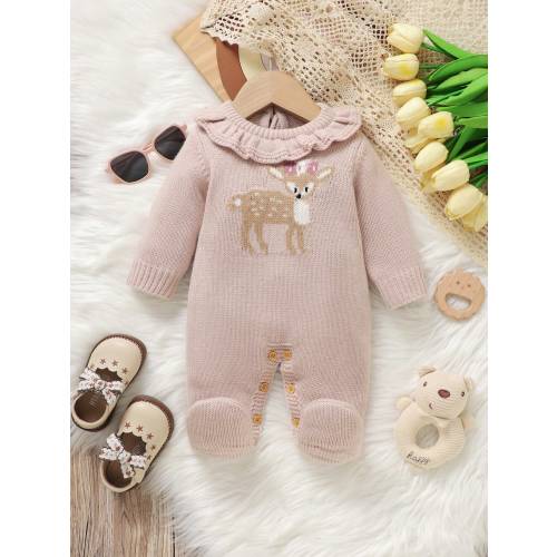 SHEIN Vintaside Kids Baby Girls Deer Jacquard Ruffle Collar Romper, Cute And Casual Overall Outfit For