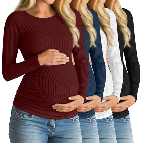 Huukeay 4 Pack Women's Maternity Shirts, Long Sleeve Cotton Ribbed Pregnancy Tops Side Ruched Crew Neck Casual Mama Clothes
