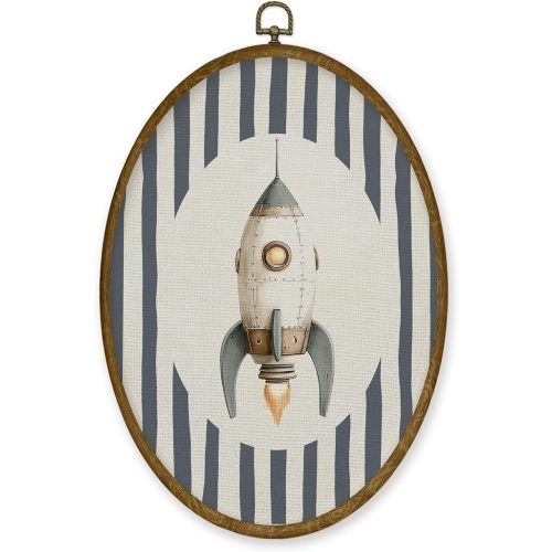 JMENGSSFL Vintage Bear Space Nursery Oval Wall Art Decor, Kids Room Canvas Prints, Blue Striped Astronaut Bear Adventure Framed Wall Art for Kids Baby Toddler Boy Room Playroom Decor, 8.6x11.4 Inch