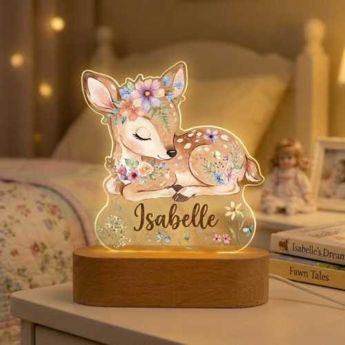 Personalized Fawn Deer Nursery Night Light, Custom Girl Name Acrylic Lamp, Woodland Flower Forest Animal Bedroom Light,Cute Baby Shower Gift
