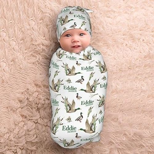 Personalized Baby Swaddle Blanket for Boys, Custom Name Wild Ducks Receiving Blanket with Bow Headband Set for Newborn