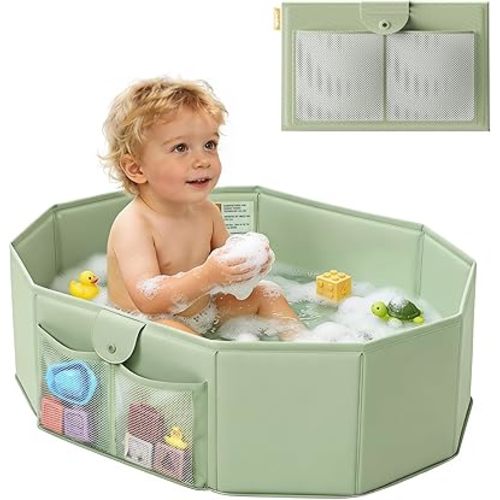UNCLE WU Toddler Bathtub for Shower (12M-5Y) – Large Collapsible Portable Tub Converts Shower Stall to Bath – Sturdy, Non-Slip with Mesh Storage Pocket & Fast Drain for Kids & Small Bathroom