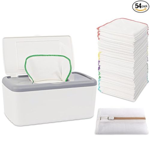 54 Packs Flannel Cloth Baby Wipes with Dispenser, Reusable Natural Skin-Friendly Baby Wipes, Body Face Hand Washcloth Essential for Cloth Diapers 8x8 inch