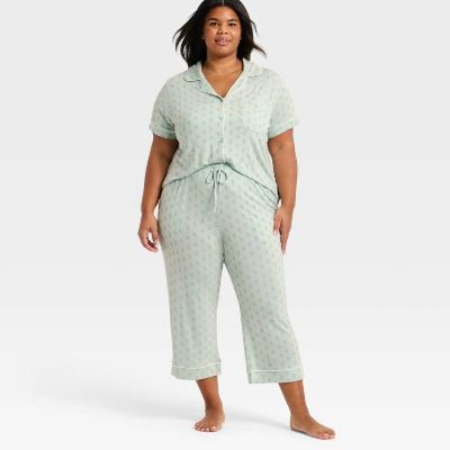 Women's Cloud Knit Short Sleeve Notch Collar Top and Cropped Pants Pajama Set - Auden™ Light Mint Block Print 1X