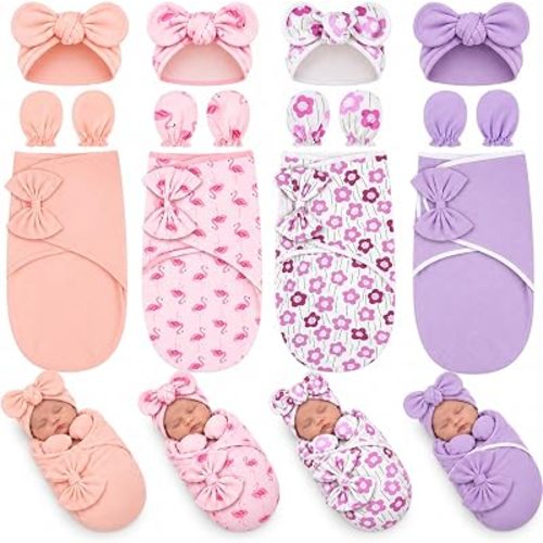 4 Pack Baby Swaddle Blanket with Hats Mittens, 0-3 Months, Cute Style