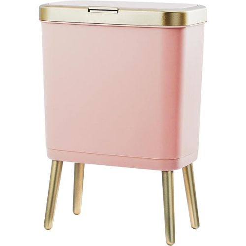 Procade Bathroom Trash Can with Lid, 4 Gallon Pink Garbage Can, Tall Plastic Trash Bin with Push Button, Slim Gold Trash Can Waste Basket for Room, Bedroom,Office,Kitchen