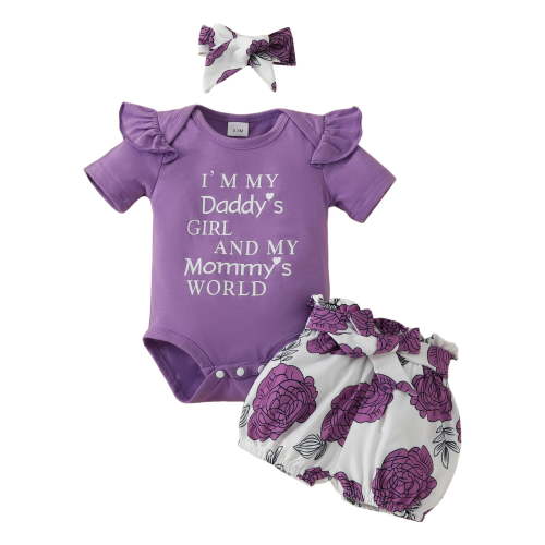 Povozer Baby Girl Newborn Clothes Baby Girl Clothes 3Pcs Outfit Set Print Romper Shorts Headband Gift for 0-3 Months,Purple
