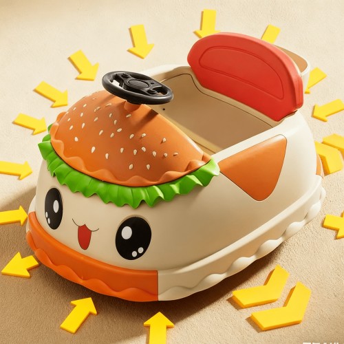 12V Kids Ride on Electric Bumper Car with Remote Control, Hamburger Design Toddler Boy Girl Toys Age 3-5 with 360° Rotation, Anti-rollover, Riding Toys with Bluetooth Music USB, Yellow