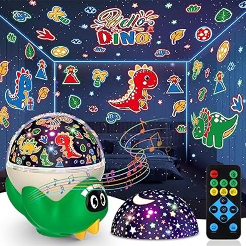 Dinosaur Night Light Projector for Kids Room, Boy Girl Dino Lamp with 10 Soothing Music& Timer, Remote Control, Colorful Projection Effect, High Brightness, Birthday Gifts Dinosaur Toys for Kids 3-7