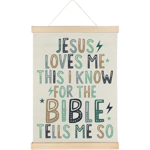 SereneHanctuary Christian Kids Wall Art, Bible Verses Wall Decor,Jesus Loves Me Poster Hanger Frame for Bedroom Nursery Kids Toddler Room Decor,12X16Inches