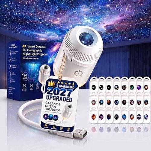 2027 New Hd Smart Dynamic 5d Holographic Night Light Projector, Plug and Play Hd Star Projector, 360° Adjustable Hd Galaxy and Ocean Projector for Bedroom Ceiling (24 Projection Films)