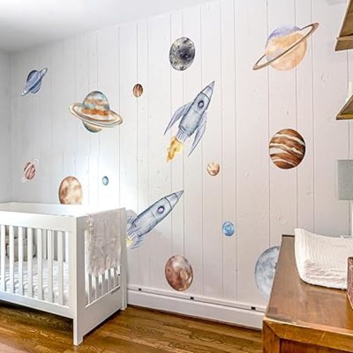 Space Planet Rocket Wall Decals for Kids - Educational Stickers for Nursery, Baby Boys Room, Playroom, Daycare & Classroom Decor