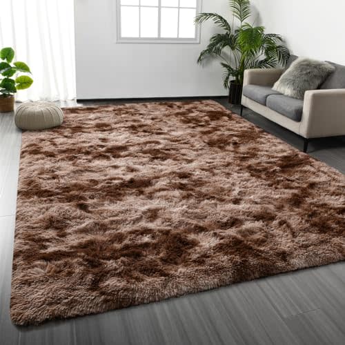 Deerhoo Large Shag Area Rugs 6 x 9, Tie-Dyed Plush Fuzzy Rugs for Living Room, Ultra Soft Fluffy Furry Rug for Bedroom, Indoor Carpet Nursery Rugs for Kids Room Home Decor, Coffee