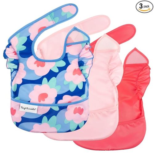 Tiny Twinkle Mess-Proof Baby Bibs for Eating | Waterproof, Wipeable Toddler Bibs with Catch-All Pocket | Feeding Bibs for Girls & Boys(3 Pack,Blue Floral)