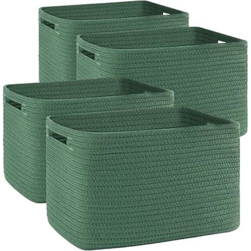 OIAHOMY 4 Pack Storage Baskets for Organizing, Cube Storage Bins for Shelves, Rectangle Storage Baskets With Handles, Woven Baskets for Storage, 12.7''Lx9''Wx7.8''H, Green