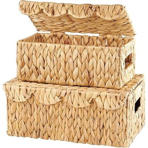 Set of 2 Scalloped Wicker Baskets with Lid - Woven Baskets with Lid - Rattan Storage Box - Woven Decorative Box