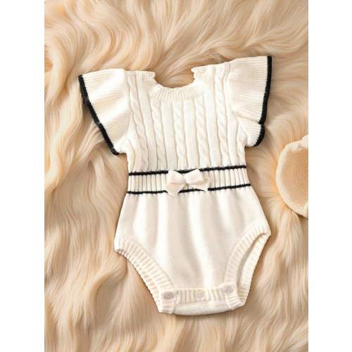 SHEIN Baby Girl Sweater Bodysuit, Ribbed Knit Crew Neck Floral Lace Collar Puff Sleeve, Black White Striped Bow Accent, Soft & Comfortable, Suitable For Daily Wear, Outings, Travel, Vacation, Home, Daycare, School | SHEIN USA
