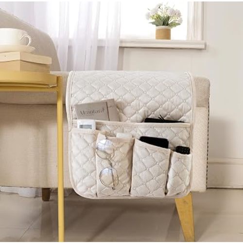 Velvet Armchair Caddy for Couch Remote Control Holder Non-slip Sofa Armset Organizer Caddy Storage for Recliner Couch 5 Pocket for Magazine 35"x13" Ivory 1 Piece