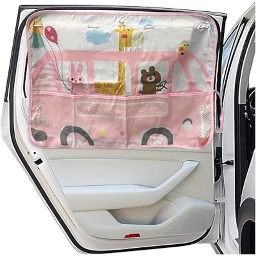 Car Window Shade for Baby, Blackout Car Window Curtain with Storage Pockets & 7 Suction Cups, Cartoon Pattern Cars Side Window Sun Shade Cover for Sun/Heat/UV Rays Protection (Pink-Giraffe)