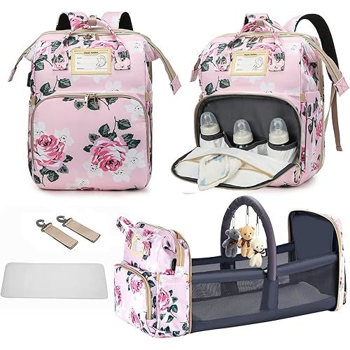 Diaper Bag Backpack with Changing Station, Foldable for Bady Toddler, 3 in 1 Large Capacity Newborn Essentials Organizer with Stroller Hook for Girls and Boys（Pink）