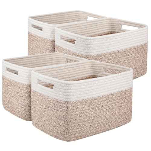 OIAHOMY 4 Pack Storage Baskets for Organizing, Basket for Shelves with Handle, Woven Baskets for Storage Toys, Towels, Books, Cotton Rope Basket 13" L x 9 " W x 7.8 " H, Brown & White