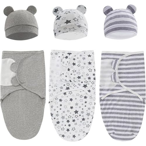 Baby Swaddle Sleep Sack with Hat Set for 0-3 months 3-Pack Soft Cotton Newborn Wearable Swaddle Wrap for Girls Boys