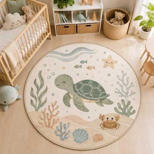 Sea Turtle Round Rug: Washable Ocean Animal Carpet, Coastal Nursery Baby Room Decor