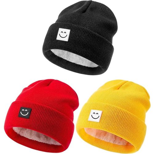 Baby Beanie Hat 3 Packs with Cute Smiley Face, Toddler Girls Boys Baby Hats Winter, Kids Winter Hat Cold Weather