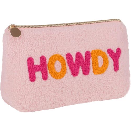 Ineowelly Cute Makeup Bag for Women, Teddy Makeup Pouch with Chenille Letter Patches, Cosmetic Pouch Chenille Letter Bag with Zipper,Preppy Makeup Bag for School Office Travel (Pink-Howdy)