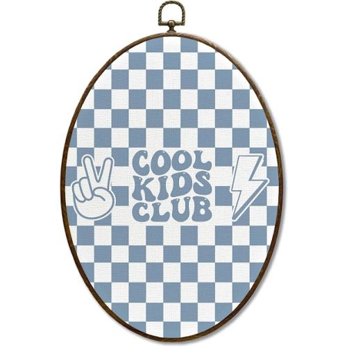 JQF Kids Room Oval Wall Decor, Cool Kids Club Oval Canvas Wall Art, Retro Blue Checkered Framed Prints Hanging Decor for Nursery Toddler Boys Room Bedroom Playroom, 8.5x11.5 Inch