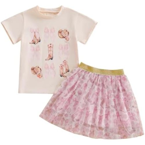 Chloefairy Western Toddler Baby Girl Summer Clothes Bow Boots Short Sleeve T-Shirt Tulle Tutu Skirt Set Kids Cowgirl Outfit