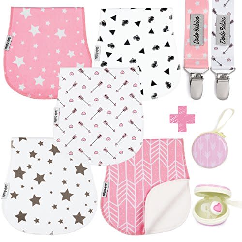 Baby Burp Cloths Pack of 5 by Dodo Babies + 2 Pacifier Clips + Pacifier Case, Premium Quality For Girls Soft and Absorbent, Excellent Baby Shower/Registry Gift