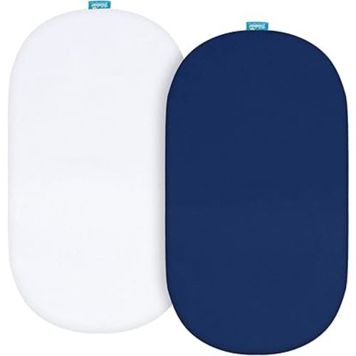 Bassinet Sheets Fit for Rectangle, Hourglass or Oval Bassinet Mattress, Universal Fitted Sheet Set for Various Bassinet Mattress Pad, 2 Pack, Ultra Soft Microfiber Sheets, White & Navy