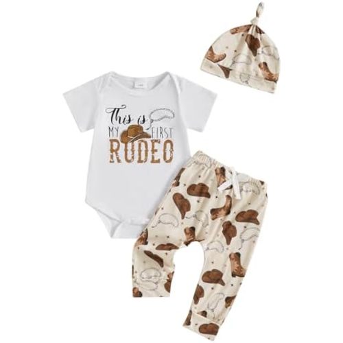 Western Baby Boy Clothes Summer My First Rodeo Short Sleeve Romper Pants Hat 3Pcs Set Newborn Cowboy Outfit
