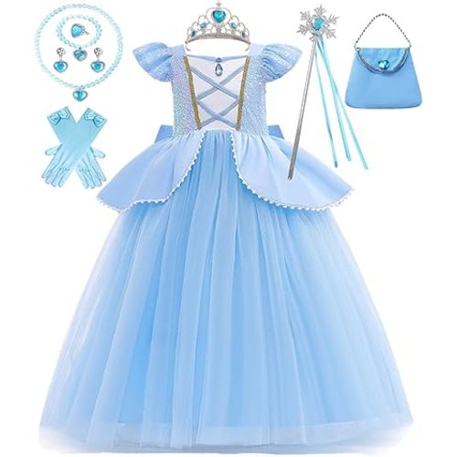 Girls Cinderella Costume Kids Blue Princess Dress Girls Halloween Dress up Costume Sets for Cinderella 6-7Years