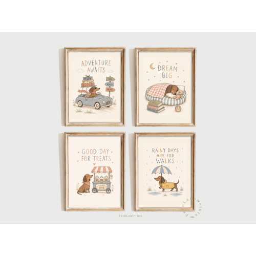 Dachshund Nursery Prints Set – Storybook Dog Wall Art, Kids Room Decor