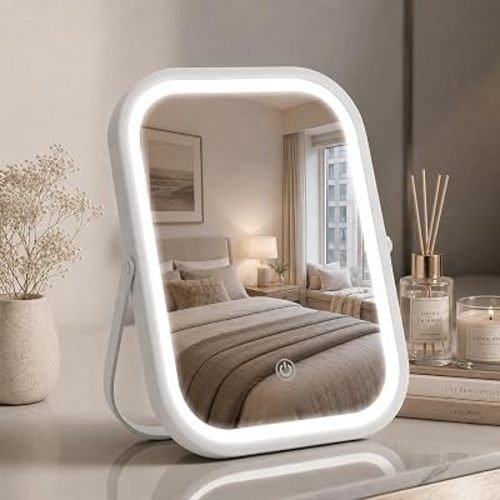 Rechargeable Travel Makeup Mirror, 8"×6" Small Vanity Mirror with Lights, 1500mAH Battery, 3-Color Lighting, Dimmable, 360° Rotation, Portable Desk Mirror with Storage Pouch, Travel Essentials (White)