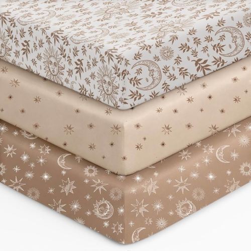 Baby Crib Sheets for Boys Girls, 28x52x8in Fitted Crib Sheet Neutral 3 Pack for Standard Crib and Toddler Mattress, Breathable Soft Microfiber Baby Sheet White Brown Sun God