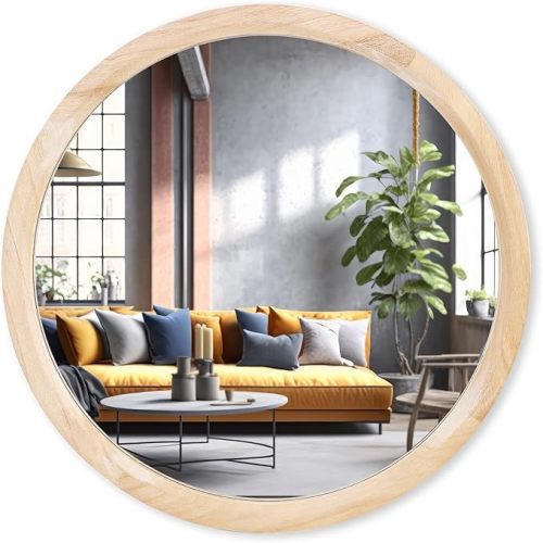 MAGFLERUM 17 Inch Round Wood Mirror - Small Circle Nursery Boho Wall Decor for Bedroom, Living Room, Hallway (Nature)