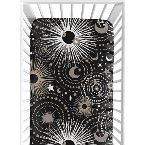 Sweet Jojo Designs Fitted Baby Crib Sheets (Black Outer Space Moon and Stars) for Girls/Boys, Infant Nursery, Toddler Room - Standard Size (Gold & Silver Celestial, Moons & Star, Astral, Sky, Modern)