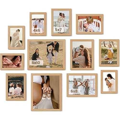 Heimlove Oak Wood Grain Collage Picture Frames Set of 12,Two 8x10,Two 6x8,Four 5x7,Four 4x6 Photo Frames,Gallery Wall Frame Set for Wall Mount or Tabletop Display