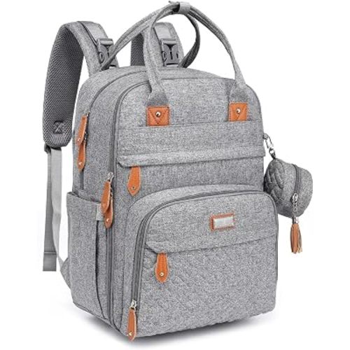 BabbleRoo Diaper Bag Backpack - Baby Essentials Travel Tote - Multi Function Water Resistant Diaper Bag, Travel Essentials Baby Bag with Changing Pad, Stroller Straps & Pacifier Case - Light Gray